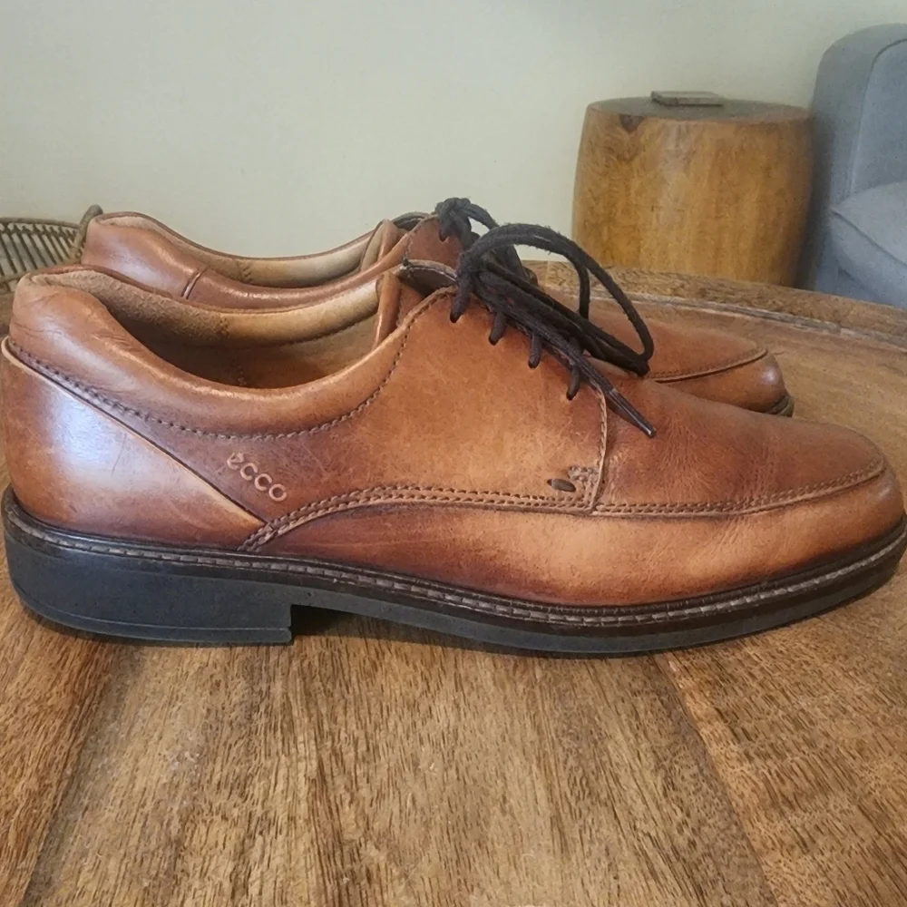 Ecco Brown Oxford Walnut Leather Shock Point Square Toe Dress Shoes Mens 9.5